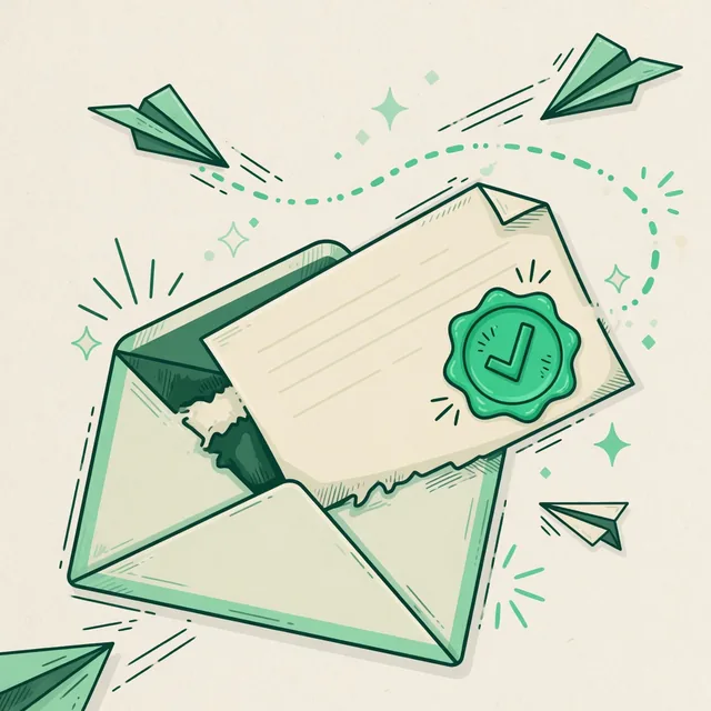 Ilustração: carta saindo de um envelope com selo de revisão aprovada