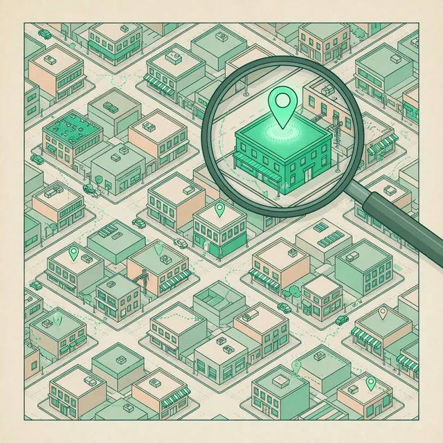 Ilustração: lupa sobre um mapa de empresas, uma delas destacada