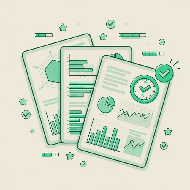 Ilustração: dossiês de empresas com score e selo de aprovação